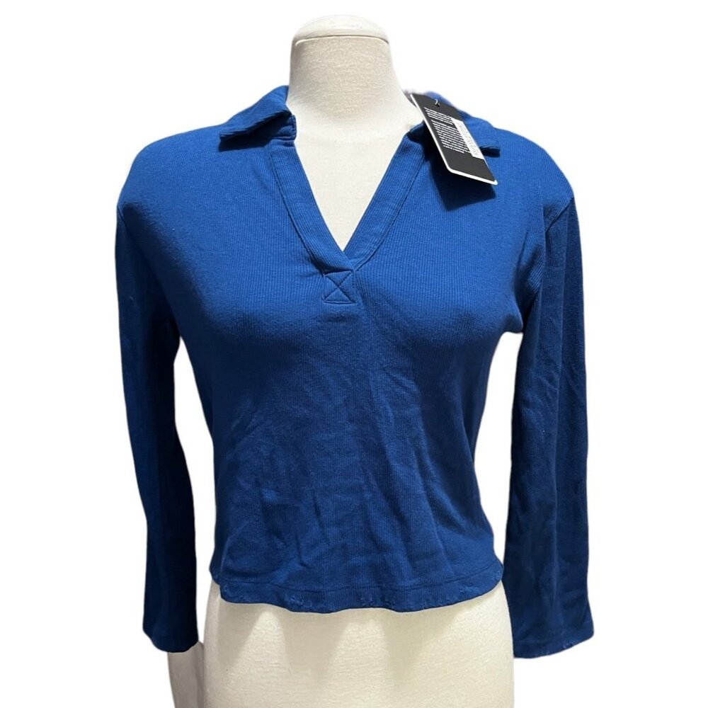 Chaser NWT Collared V Neck Ribbed Long Sleeve Shirt Sz Small Womens Blue Soft Li